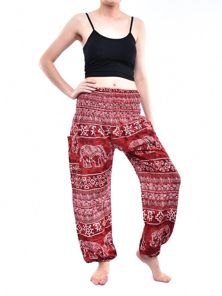 Bohotusk Red Amboseli Elephant Elasticated Smocked Waist Womens Harem Pants S/M