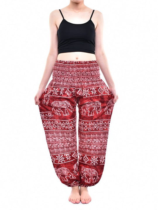 Bohotusk Red Amboseli Elephant Elasticated Smocked Waist Womens Harem Pants S/M