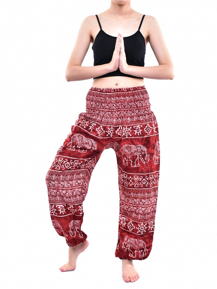 Bohotusk Red Amboseli Elephant Elasticated Smocked Waist Womens Harem Pants S/M
