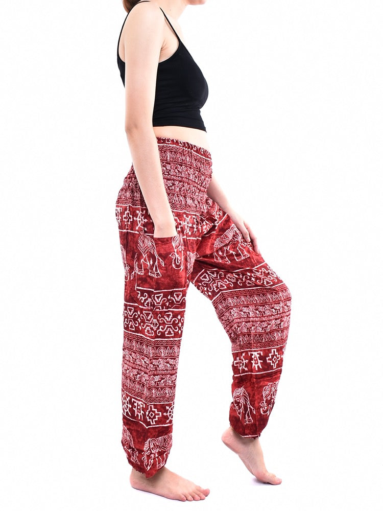 Bohotusk Red Amboseli Elephant Elasticated Smocked Waist Womens Harem Pants S/M