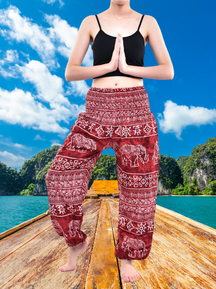 Bohotusk Red Amboseli Elephant Elasticated Smocked Waist Womens Harem Pants S/M