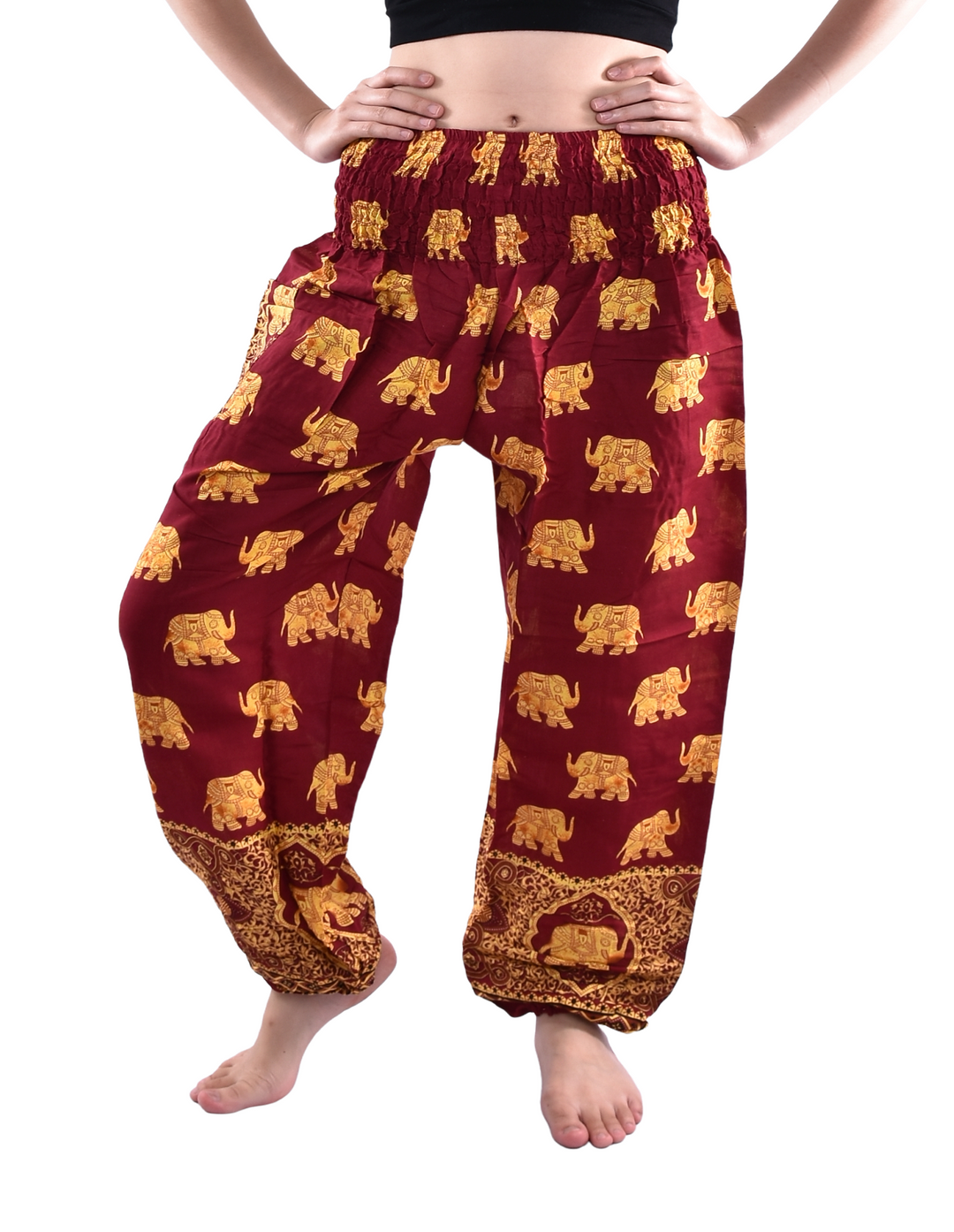 Bohotusk Red Royal Elephant Print Elasticated Smocked Waist Womens Harem Pants S/M