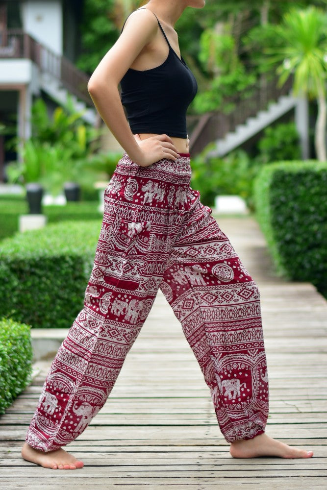 Bohotusk Red Elephant Calf Print Elasticated Womens Harem Trousers S/M to L/XL