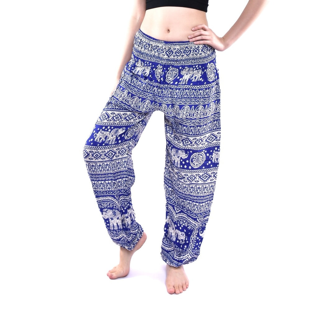 Bohotusk Blue Elephant Calf Print Elasticated Smocked Waist Womens Harem Pants S/M to 3XL