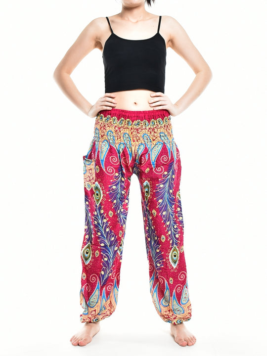 Bohotusk Pink Peacocks Eye Elasticated Smocked Waist Womens Harem Pants S/M Only