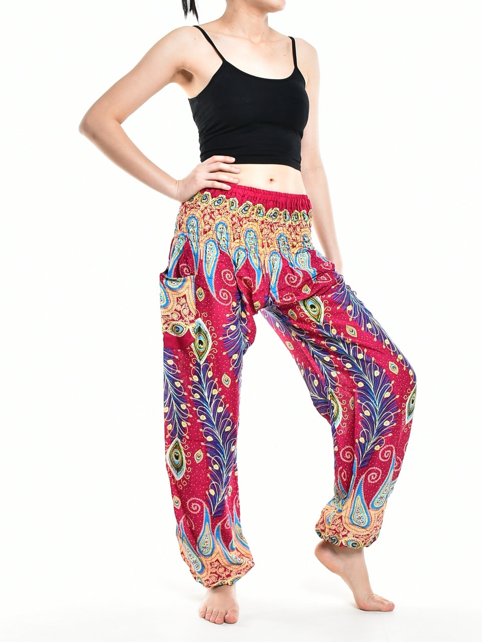 Bohotusk Pink Peacocks Eye Elasticated Smocked Waist Womens Harem Pants S/M Only