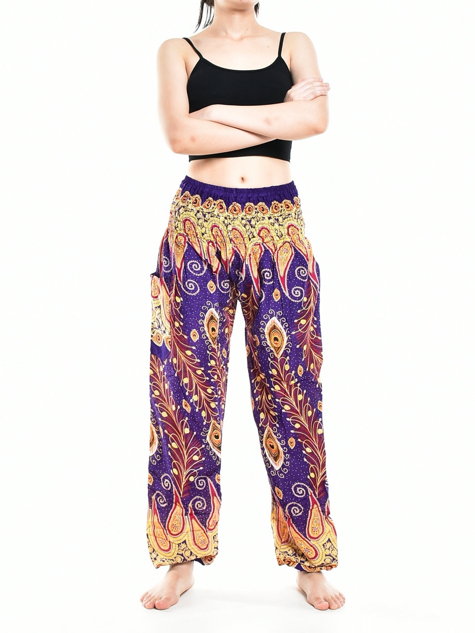 Bohotusk Purple Peacocks Eye Elasticated Smocked Waist Womens Harem Pants S/M Only