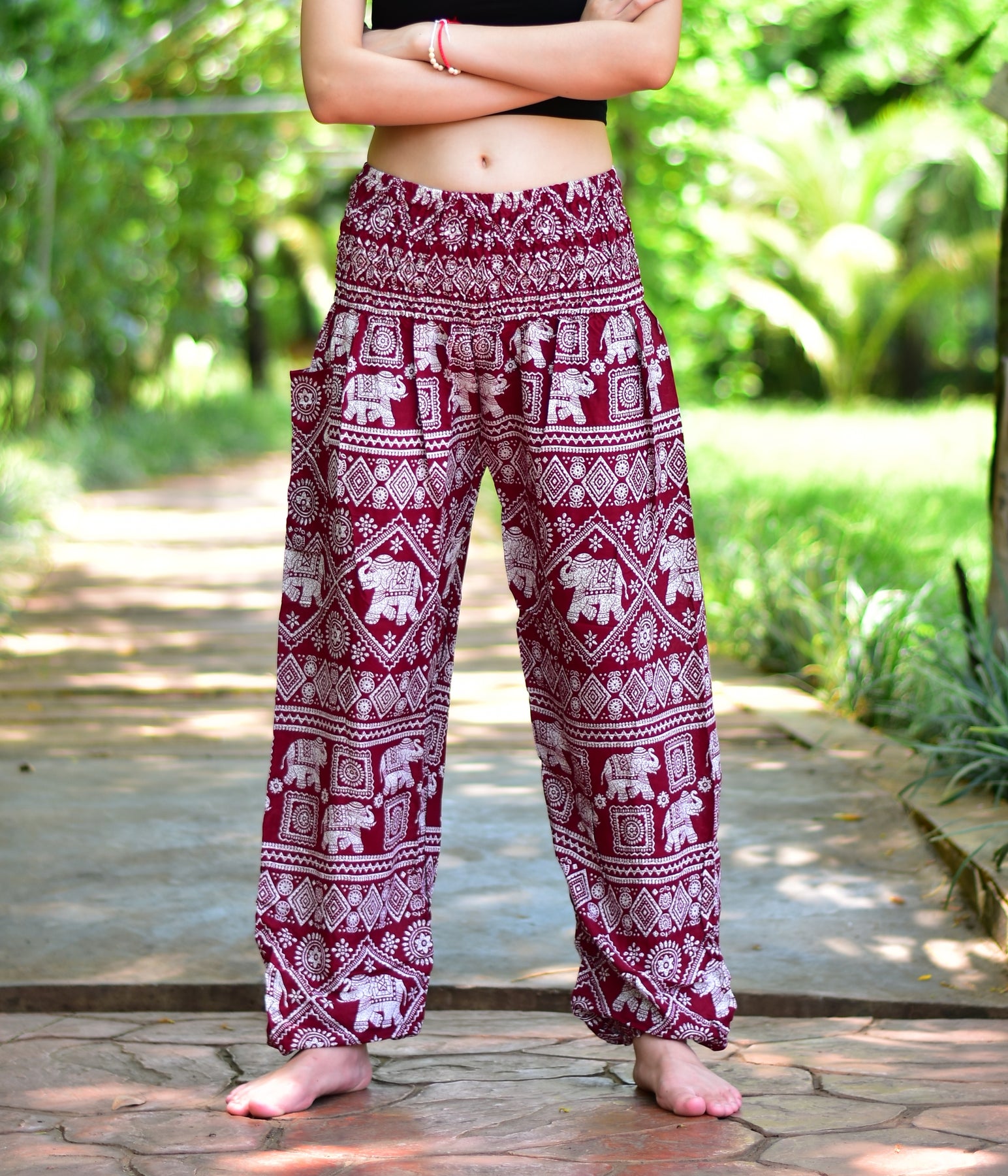 Bohotusk Red Elephant Print Harem Pants Elasticated Waist S/M to 3XL