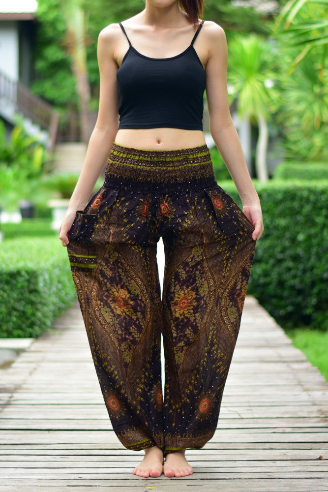 Bohotusk Brown Moonshine Print Elasticated Smocked Waist Womens Harem Pants S/M