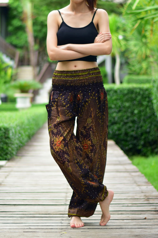 Bohotusk Brown Moonshine Print Elasticated Smocked Waist Womens Harem Pants S/M