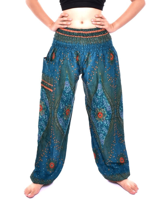 Bohotusk Teal Moonshine Print Elasticated Smocked Waist Womens Harem Trousers Alternative Maternity Trouser