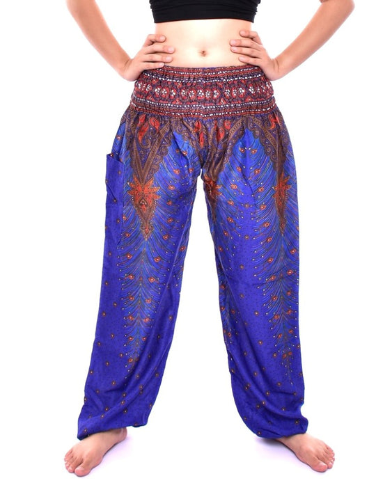 Bohotusk Blue Peacock Print Elasticated Smocked Waist Womens Harem Pants S/M to LXL