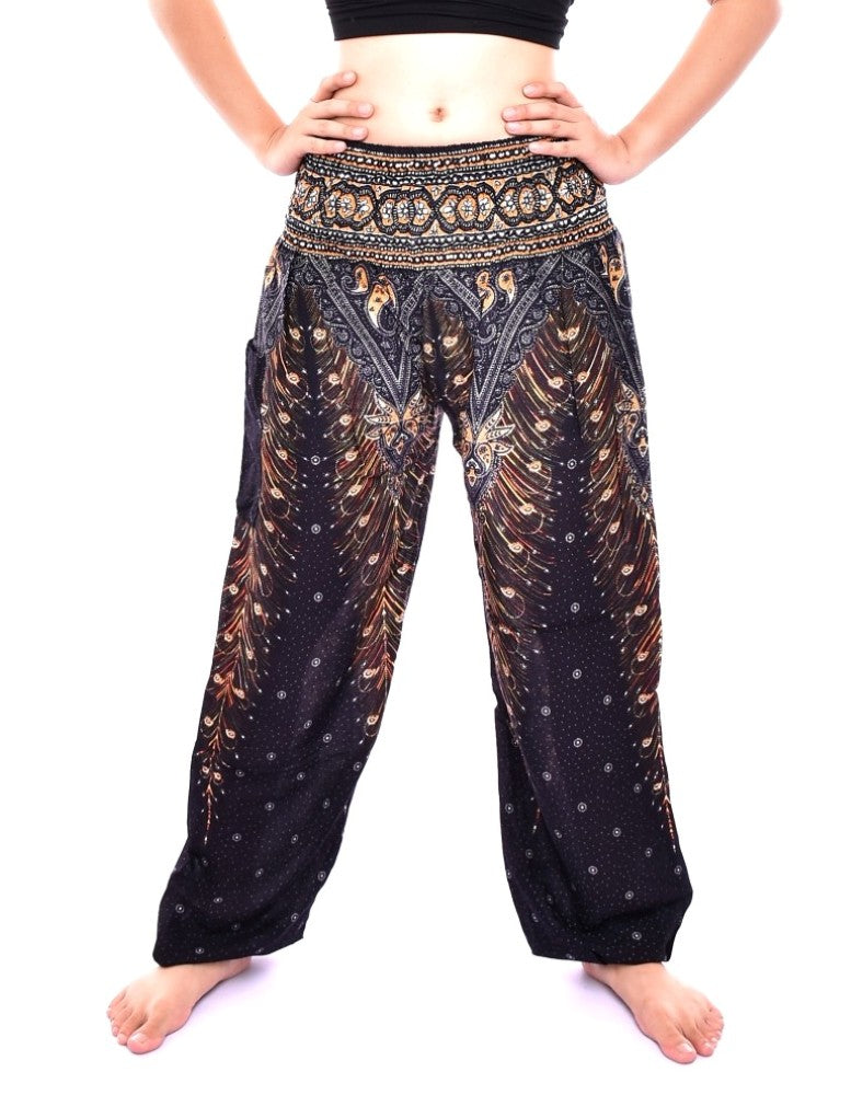 Bohotusk Black & Gold Peacock Print Elasticated Smocked Waist Womens Harem Pants S/M to L/XL