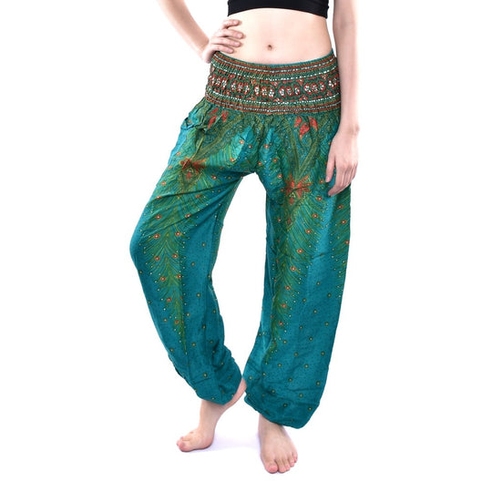 Bohotusk Green Peacock Print Elasticated Smocked Waist Womens Harem Pants S/M only