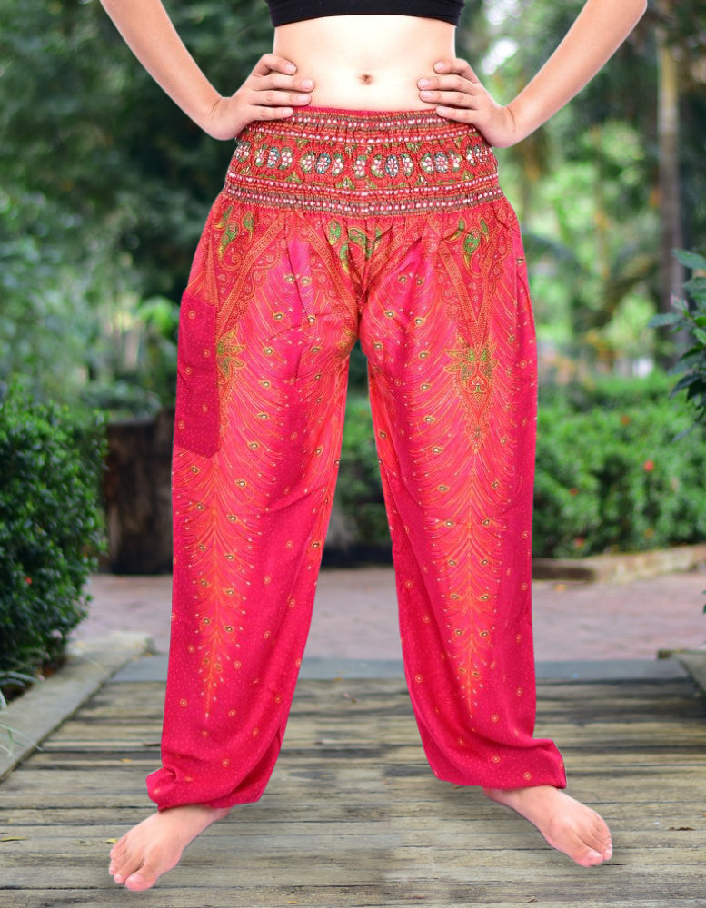 Bohotusk Pink Peacock Print Drawstring Waist Harem Pants (6 - 8 Years)