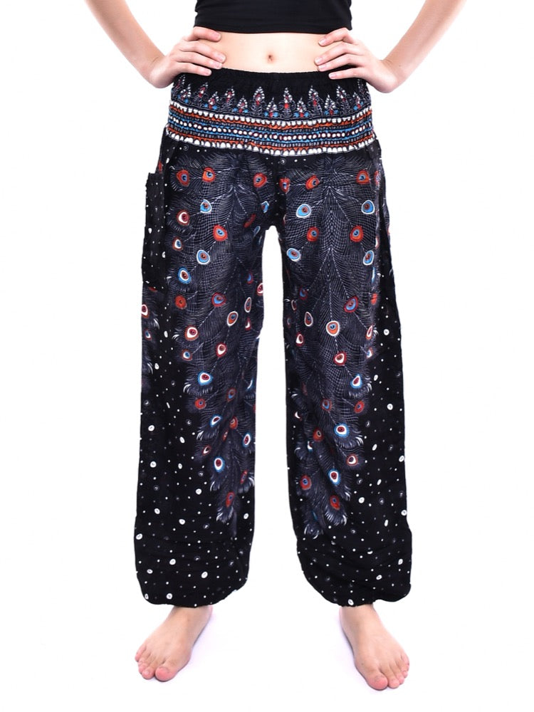 Bohotusk Black Peacock Elasticated Smocked Waist Womens Harem Pants S/M