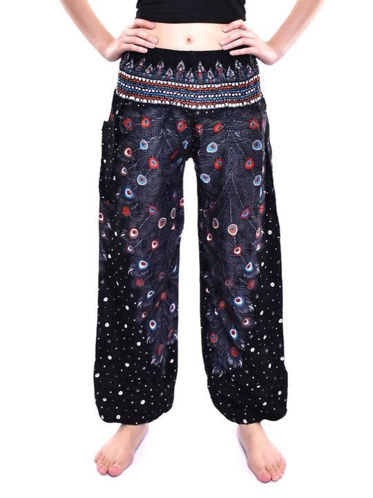 Bohotusk Black Peacock Elasticated Smocked Waist Womens Harem Pants S/M