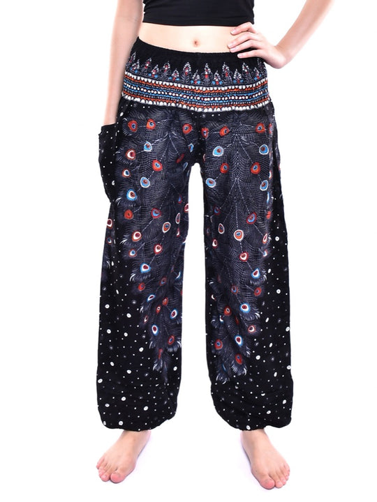 Bohotusk Black Peacock Elasticated Smocked Waist Womens Harem Pants S/M