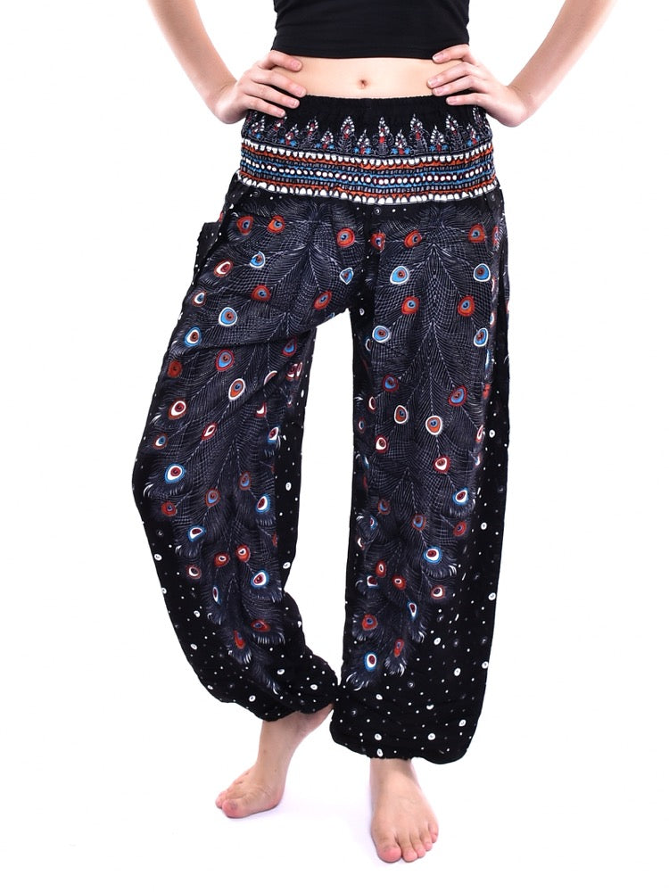 Bohotusk Black Peacock Elasticated Smocked Waist Womens Harem Pants S/M