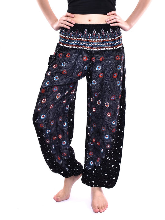 Bohotusk Black Peacock Elasticated Smocked Waist Womens Harem Pants S/M