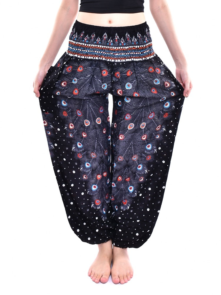 Bohotusk Black Peacock Elasticated Smocked Waist Womens Harem Pants S/M