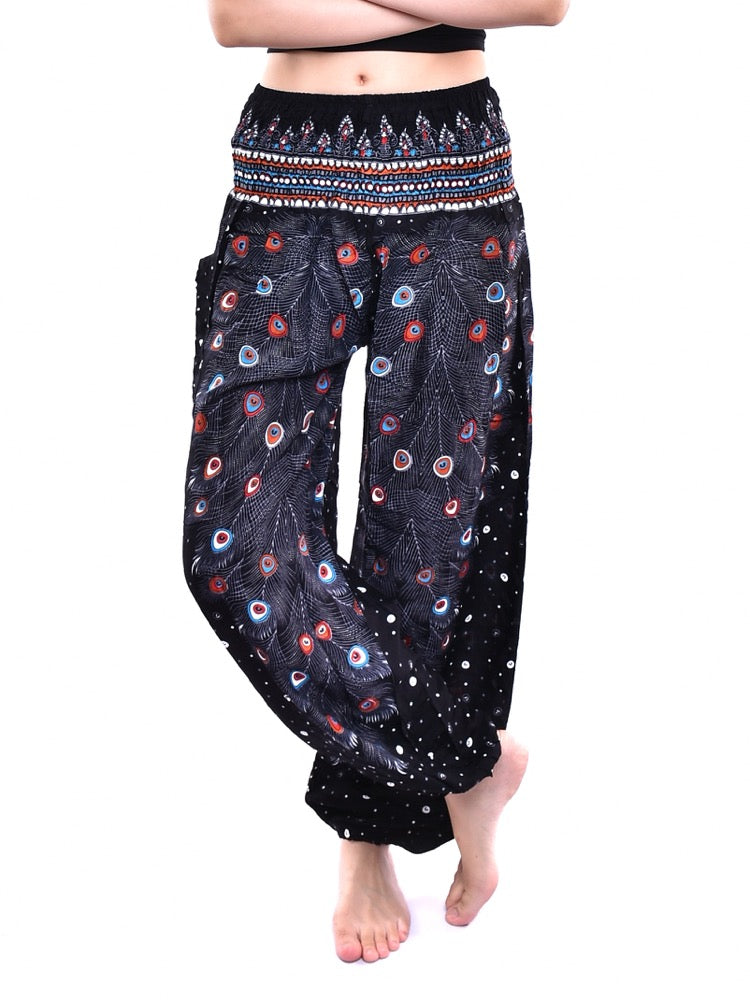 Bohotusk Black Peacock Elasticated Smocked Waist Womens Harem Pants S/M
