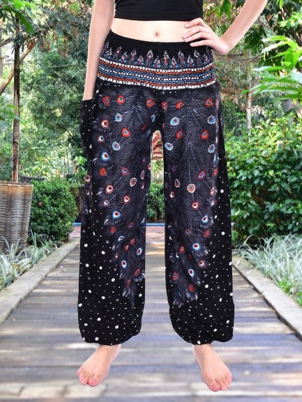 Bohotusk Black Peacock Elasticated Smocked Waist Womens Harem Pants S/M
