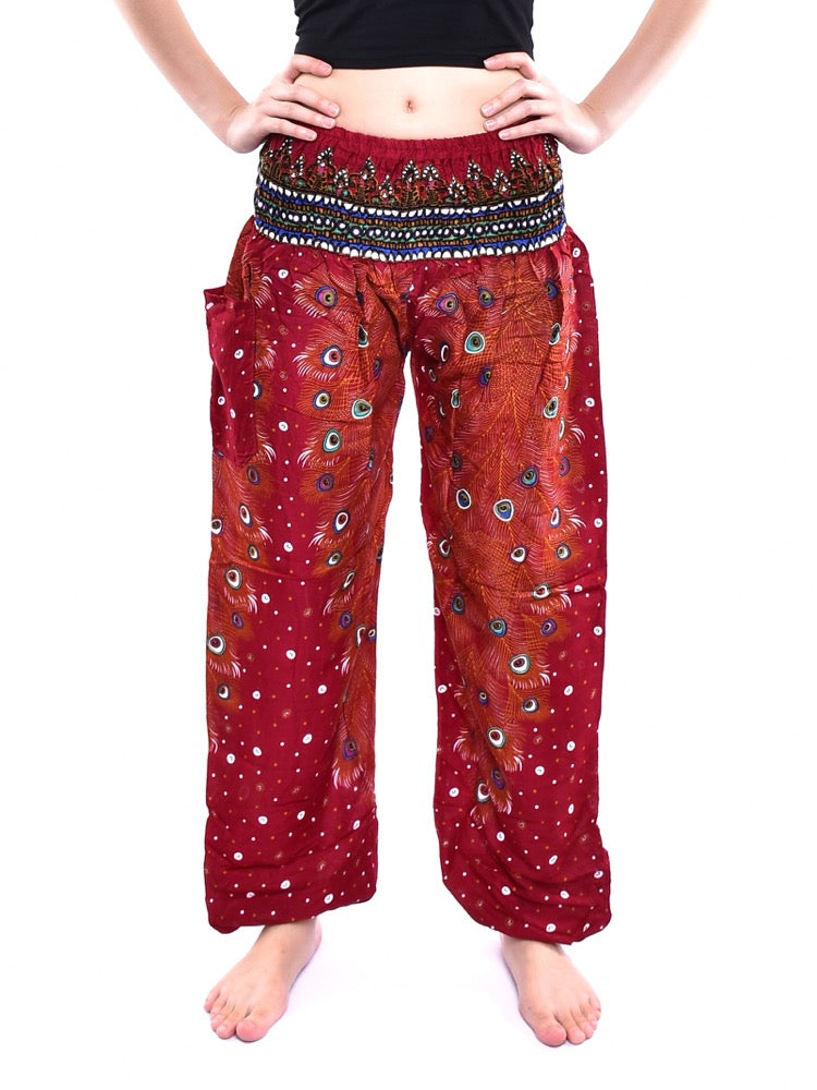 Bohotusk Red Peacock Print Elasticated Smocked Waist Womens Harem Pants S/M