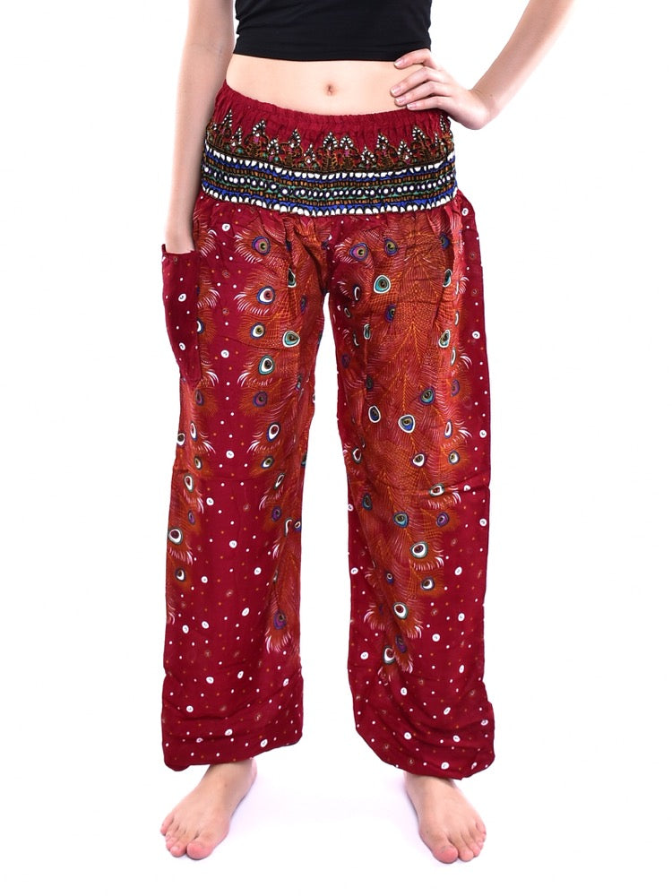 Bohotusk Red Peacock Print Elasticated Smocked Waist Womens Harem Pants S/M