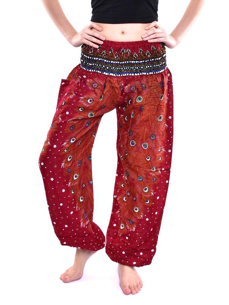 Bohotusk Red Peacock Print Elasticated Smocked Waist Womens Harem Pants S/M