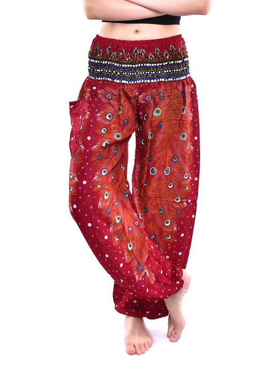 Bohotusk Red Peacock Print Elasticated Smocked Waist Womens Harem Pants S/M