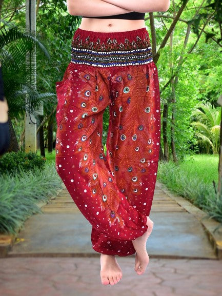 Bohotusk Red Peacock Print Elasticated Smocked Waist Womens Harem Pants S/M