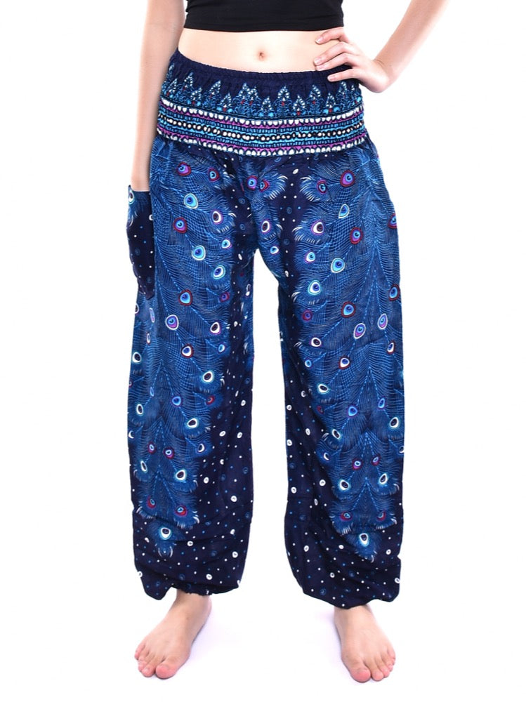 Bohotusk Blue Peacock Print Elasticated Smocked Waist Womens Harem Pants S/M to 3XL