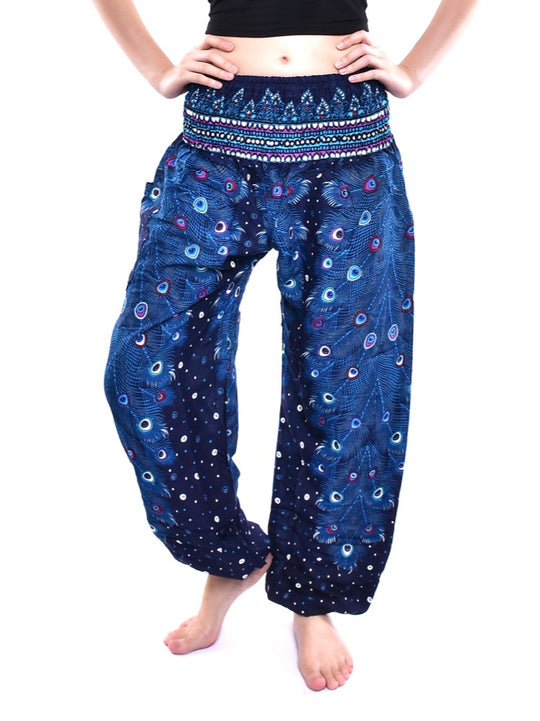 Bohotusk Blue Peacock Print Elasticated Smocked Waist Womens Harem Pants S/M to 3XL