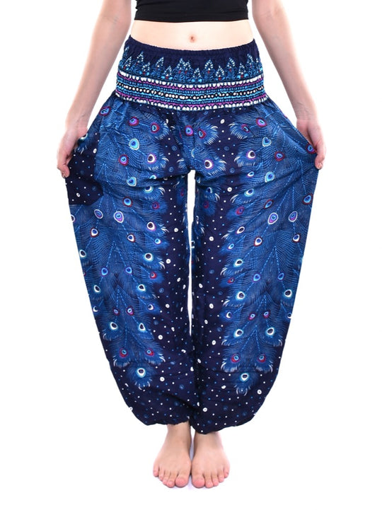 Bohotusk Blue Peacock Print Elasticated Smocked Waist Womens Harem Pants S/M to 3XL