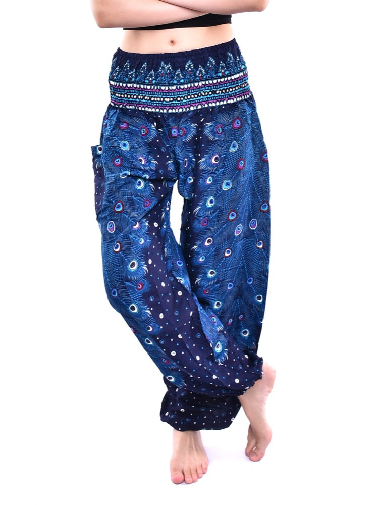 Bohotusk Blue Peacock Print Elasticated Smocked Waist Womens Harem Pants S/M to 3XL
