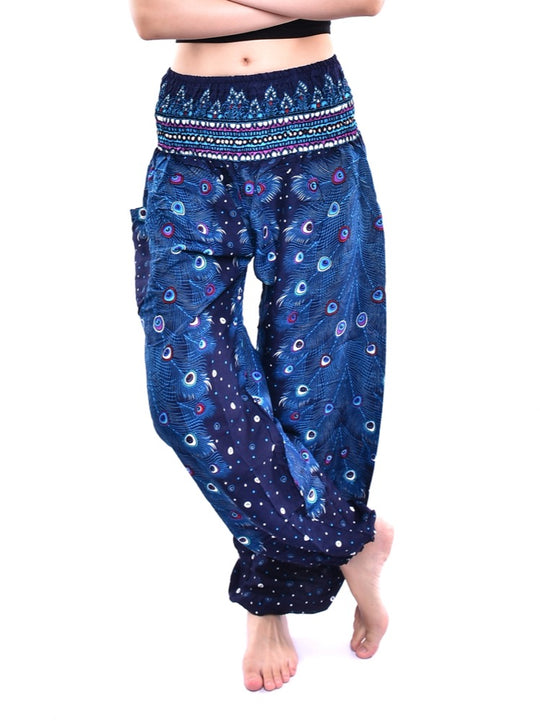 Bohotusk Blue Peacock Print Elasticated Smocked Waist Womens Harem Pants S/M to 3XL