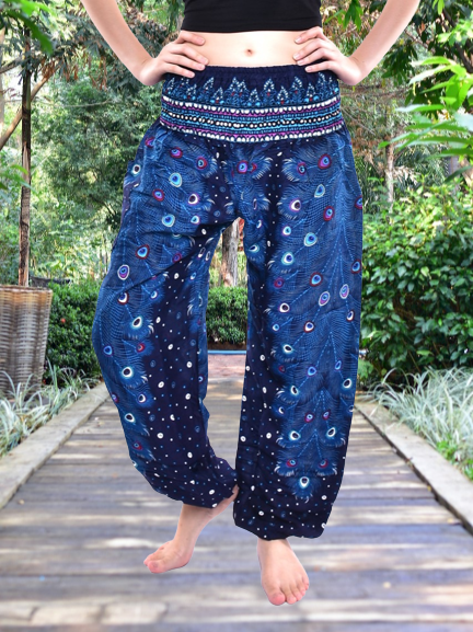 Bohotusk Blue Peacock Print Elasticated Smocked Waist Womens Harem Pants S/M to 3XL