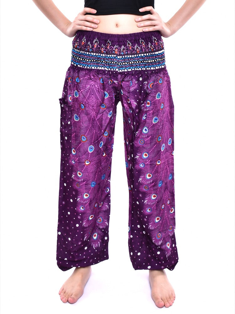 Bohotusk Purple Peacock Print Elasticated Smocked Waist Womens Harem Pants S/M