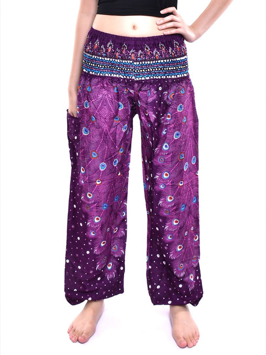 Bohotusk Purple Peacock Print Elasticated Smocked Waist Womens Harem Pants S/M