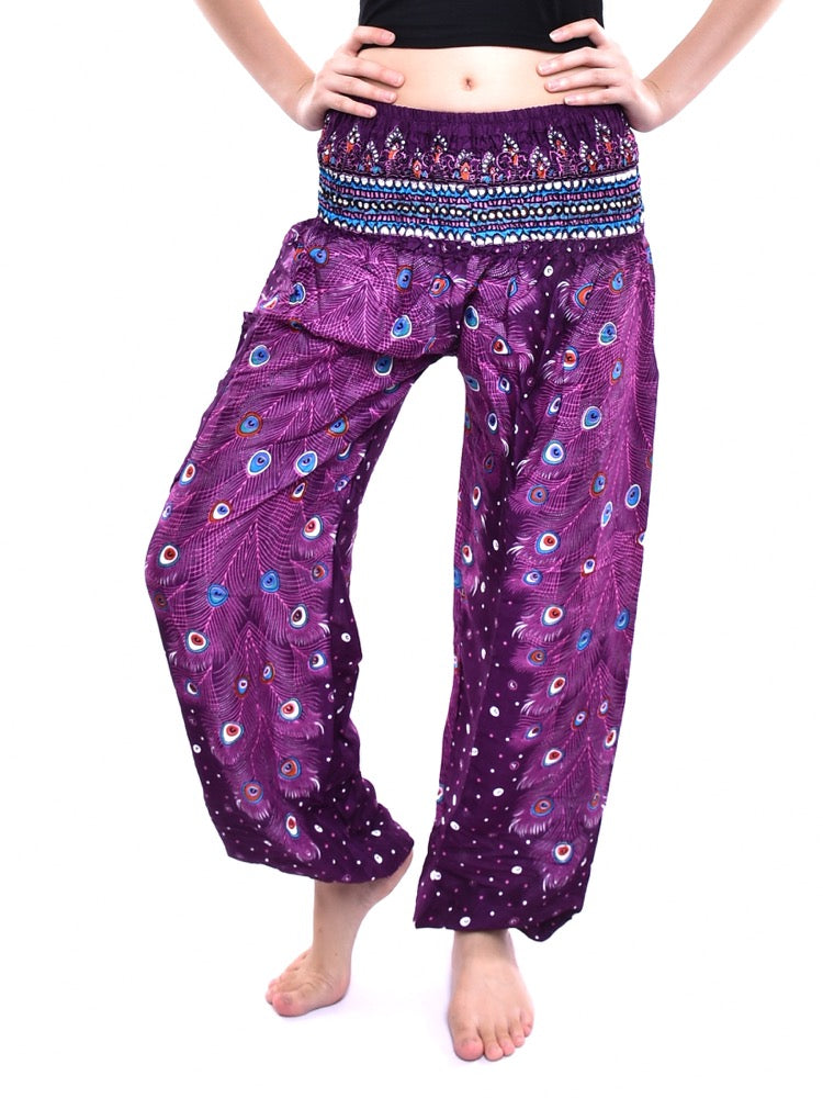 Bohotusk Purple Peacock Print Elasticated Smocked Waist Womens Harem Pants S/M