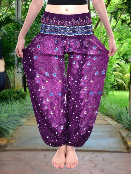 Bohotusk Purple Peacock Print Elasticated Smocked Waist Womens Harem Pants S/M