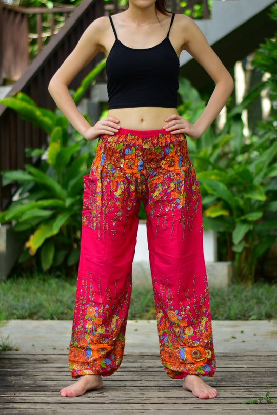 Bohotusk Dark Red Floral Print Elasticated Smocked Waist Womens Harem Pants S/M
