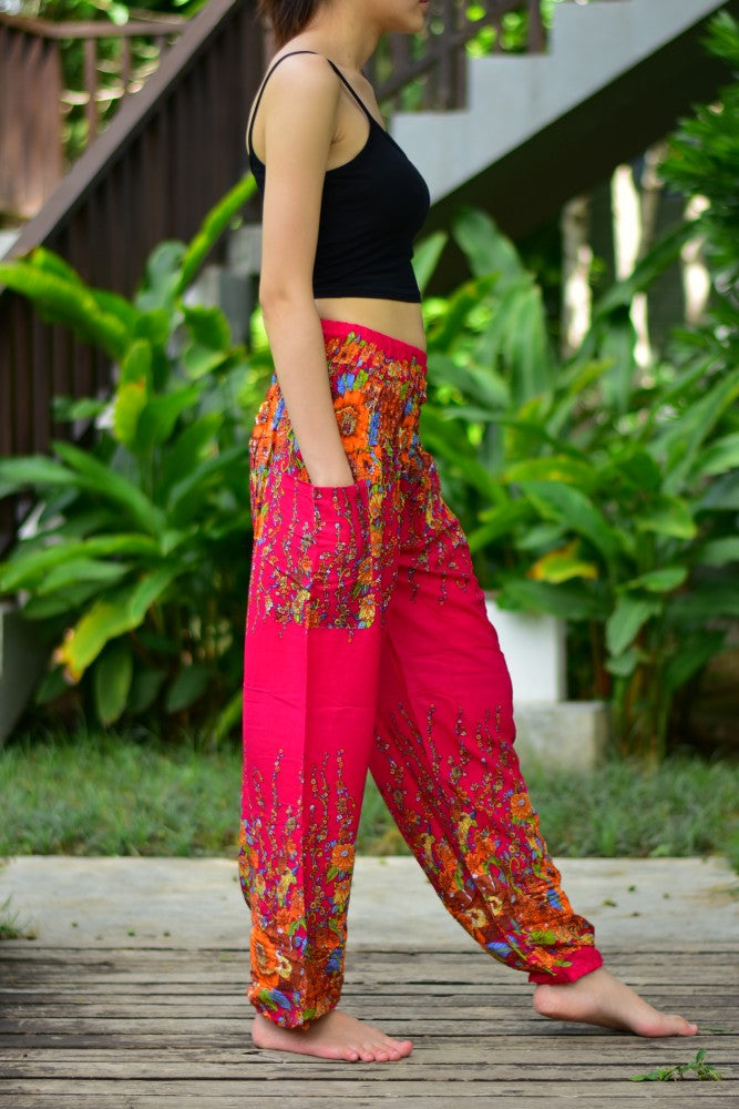 Bohotusk Dark Red Floral Print Elasticated Smocked Waist Womens Harem Pants S/M