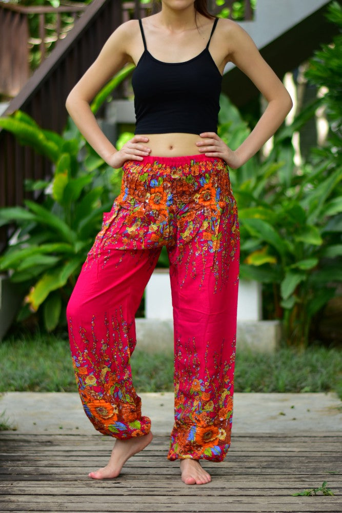 Bohotusk Dark Red Floral Print Elasticated Smocked Waist Womens Harem Pants S/M