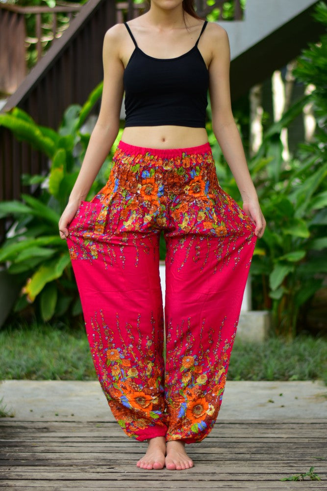 Bohotusk Dark Red Floral Print Elasticated Smocked Waist Womens Harem Pants S/M