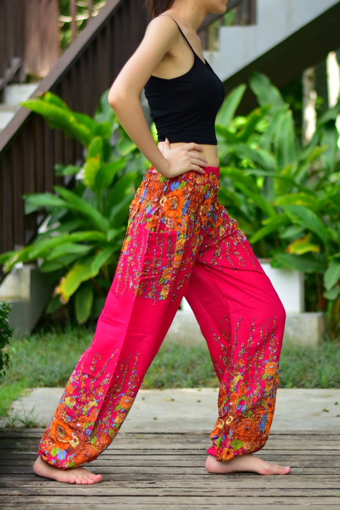 Bohotusk Dark Red Floral Print Elasticated Smocked Waist Womens Harem Pants S/M