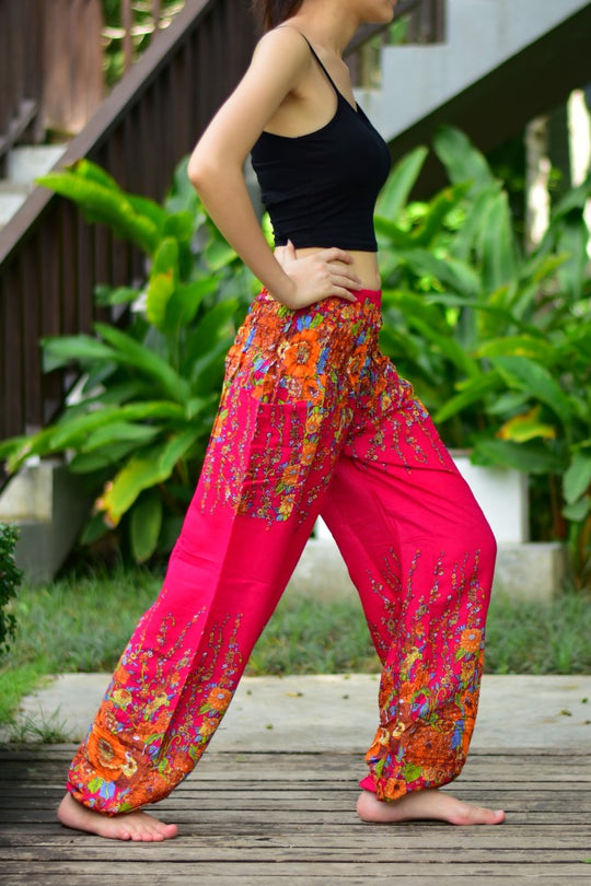 Bohotusk Dark Red Floral Print Elasticated Smocked Waist Womens Harem Pants S/M