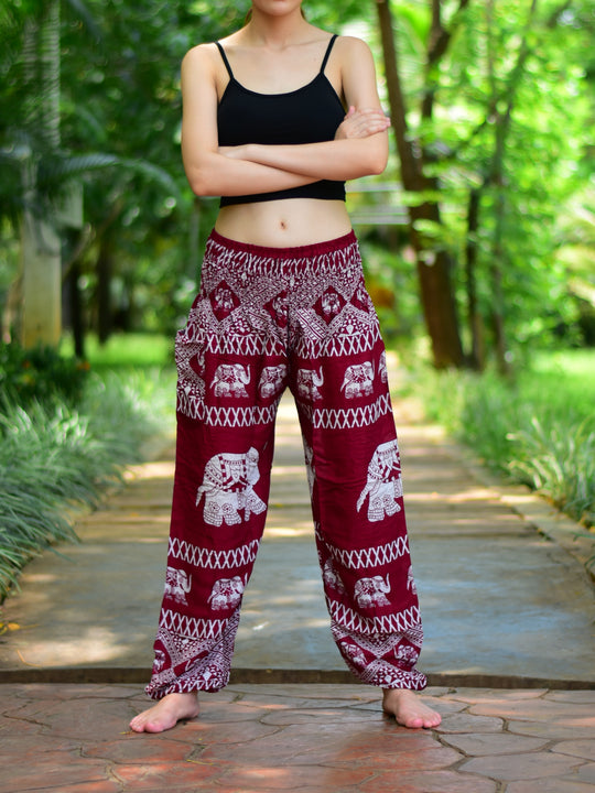 Bohotusk Red Elephant Bull Print Elasticated Smocked Waist Womens Harem Pants S/M to 3XL