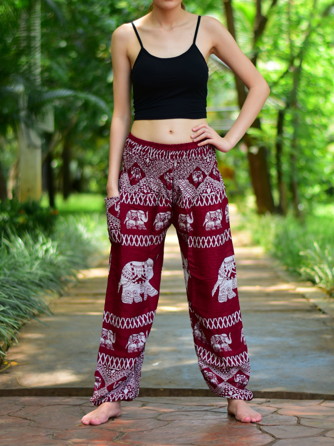 Bohotusk Red Elephant Bull Print Elasticated Smocked Waist Womens Harem Trousers Alternative Maternity Trouser